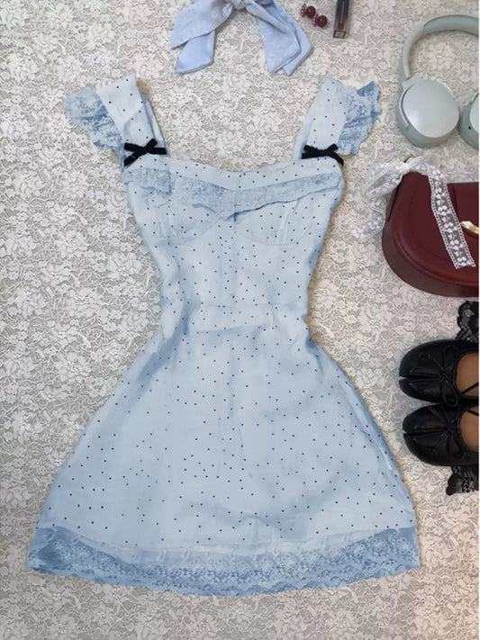 blue polka dot suspender dress