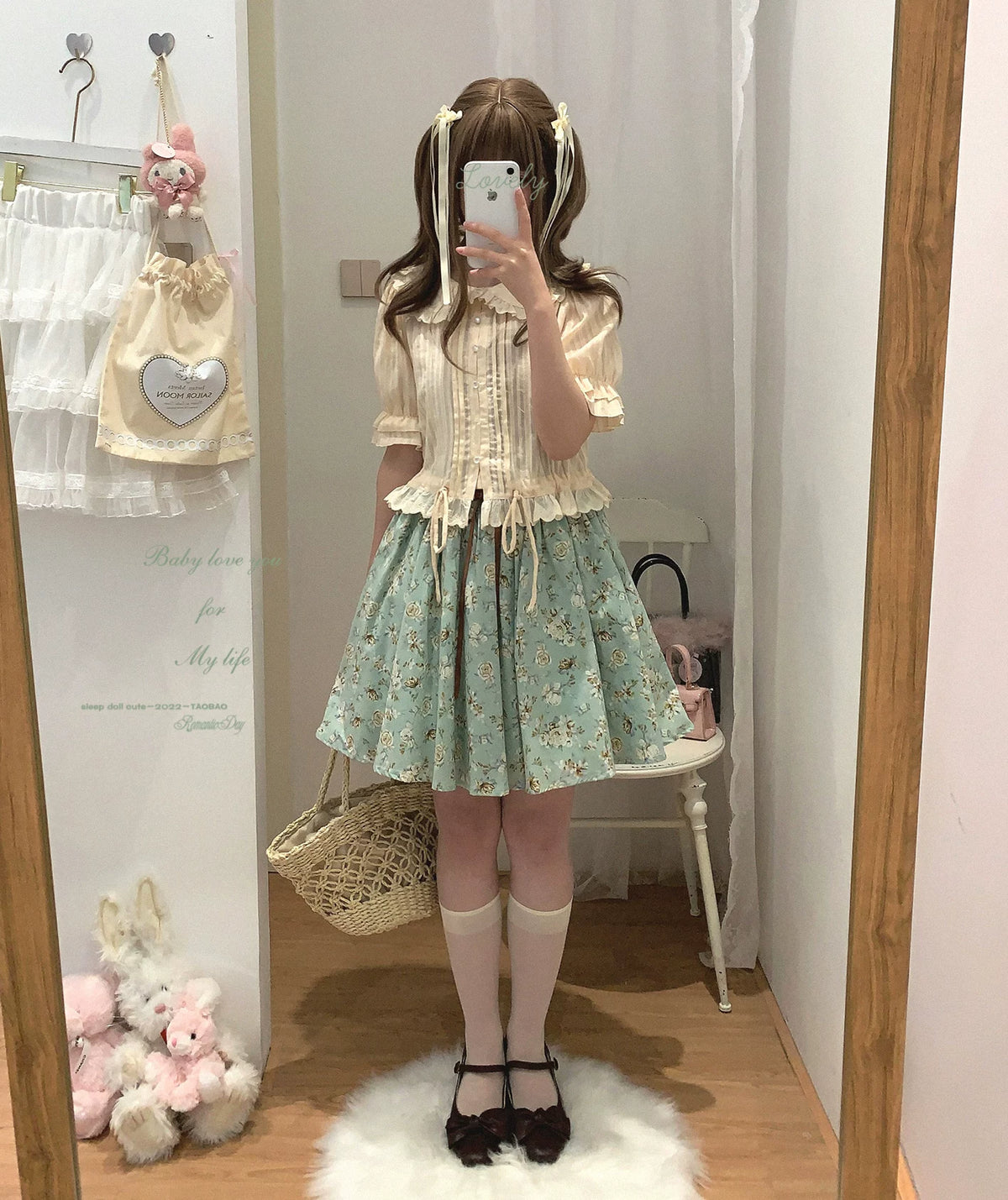 Sleepingdoll Handmade — Kingfisher Garden Mint Rose Printed Cotton Dress Half-Skirt Series