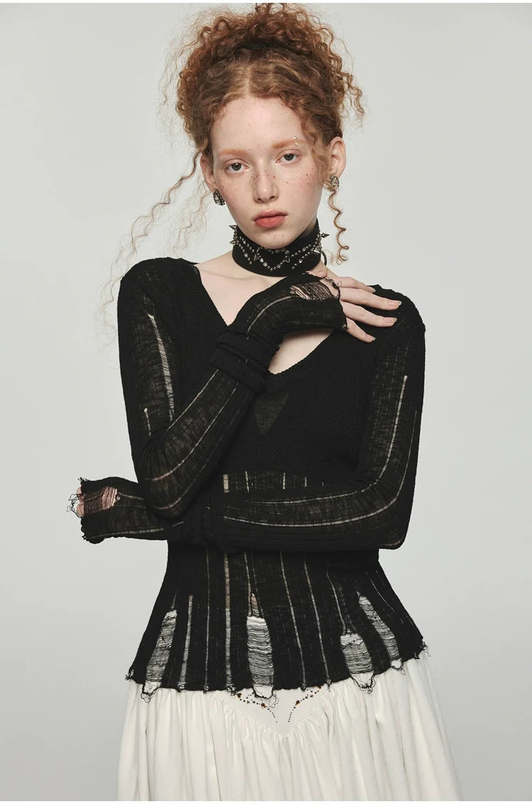 Hollow-Out V-Neck Thin Cardigan With Distressed Waist Knit Top