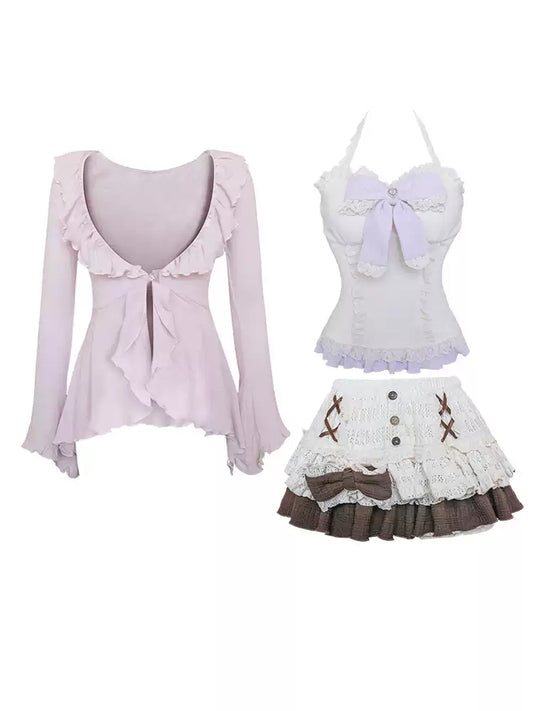 Apricot knitted suspender + purple knitted cardigan + knitted patchwork cake skirt