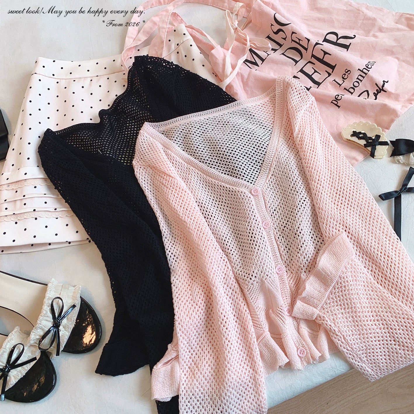 Final Stock Sweet Style Lightweight Ruffle Hem Lace-Trim Knit Cardigan Outerwear