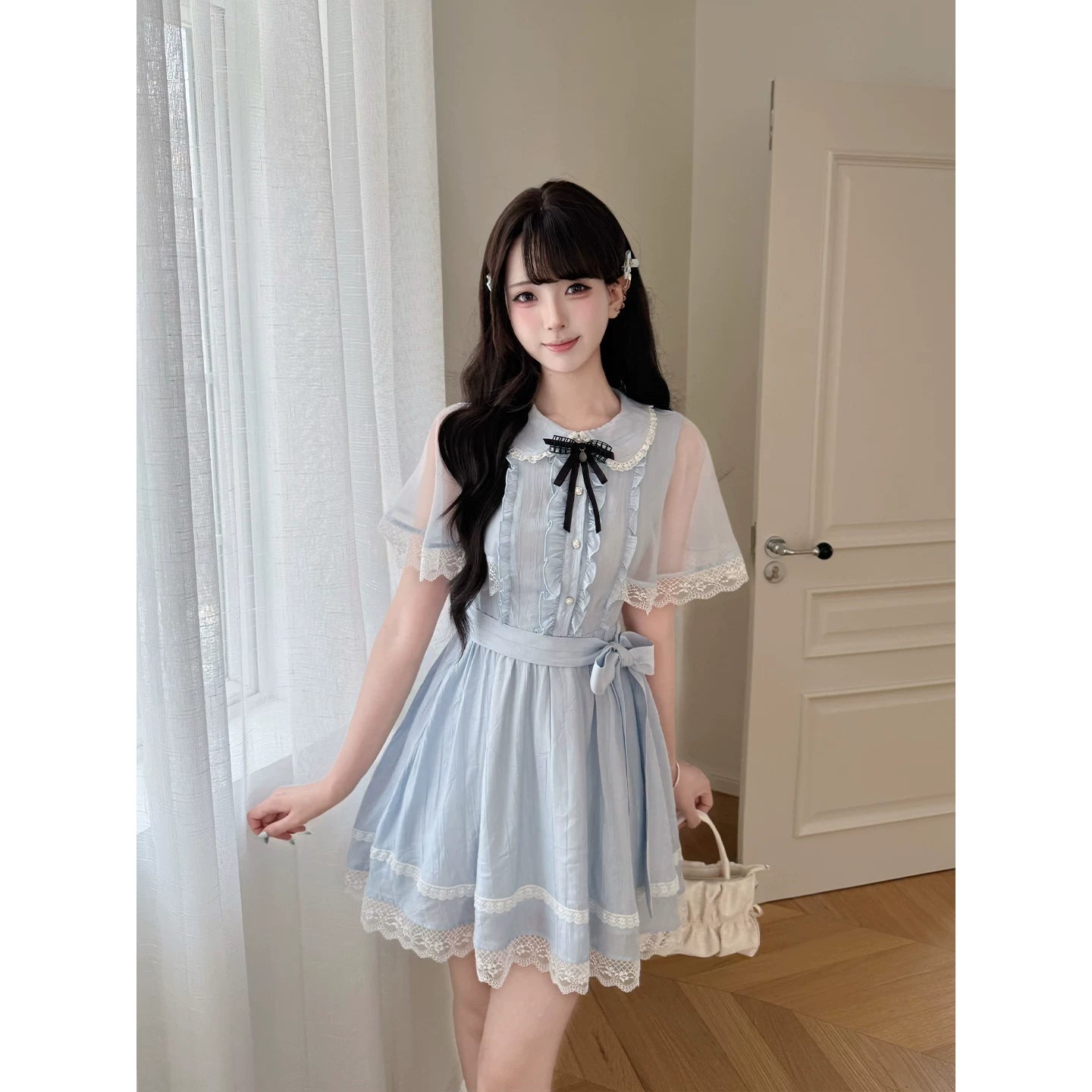 LaLa Sauce YU Qingxia Clear-Style Blue Girls’ Lace-Detailed Chiffon Cape Dress with Waist Cinching Sweet Princess Silhouette