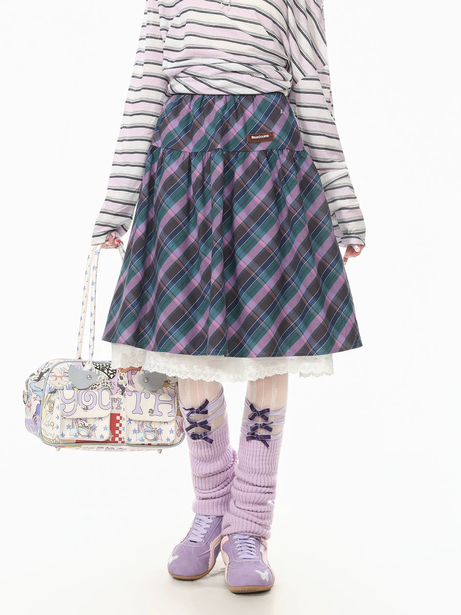 Blue Ghost Park Languid Park Lace-Trim Plaid Homey-Style “宅萌” Midi Skirt for Women, Summer Casual