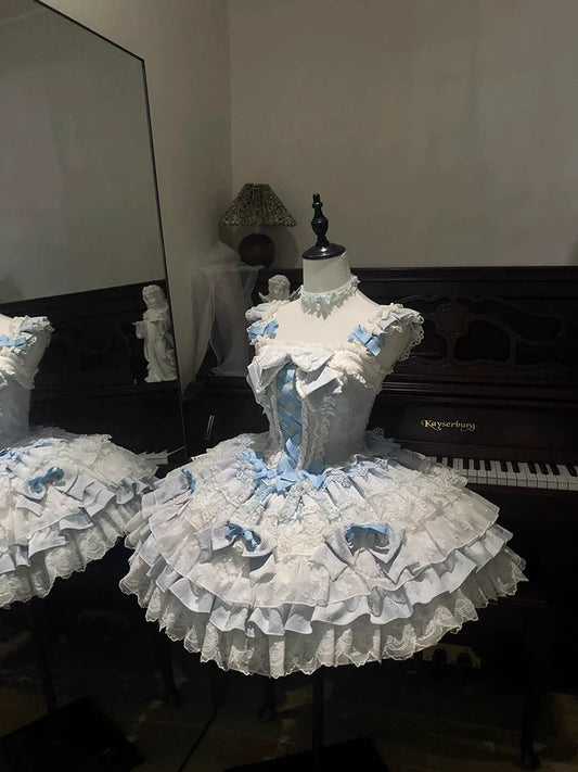 Faded Antique Molasses Sugar Sweet Tower of Tulle Sweet Lolita Girl Princess Dress Blue & White Lolita Empire-Style Midi Dress