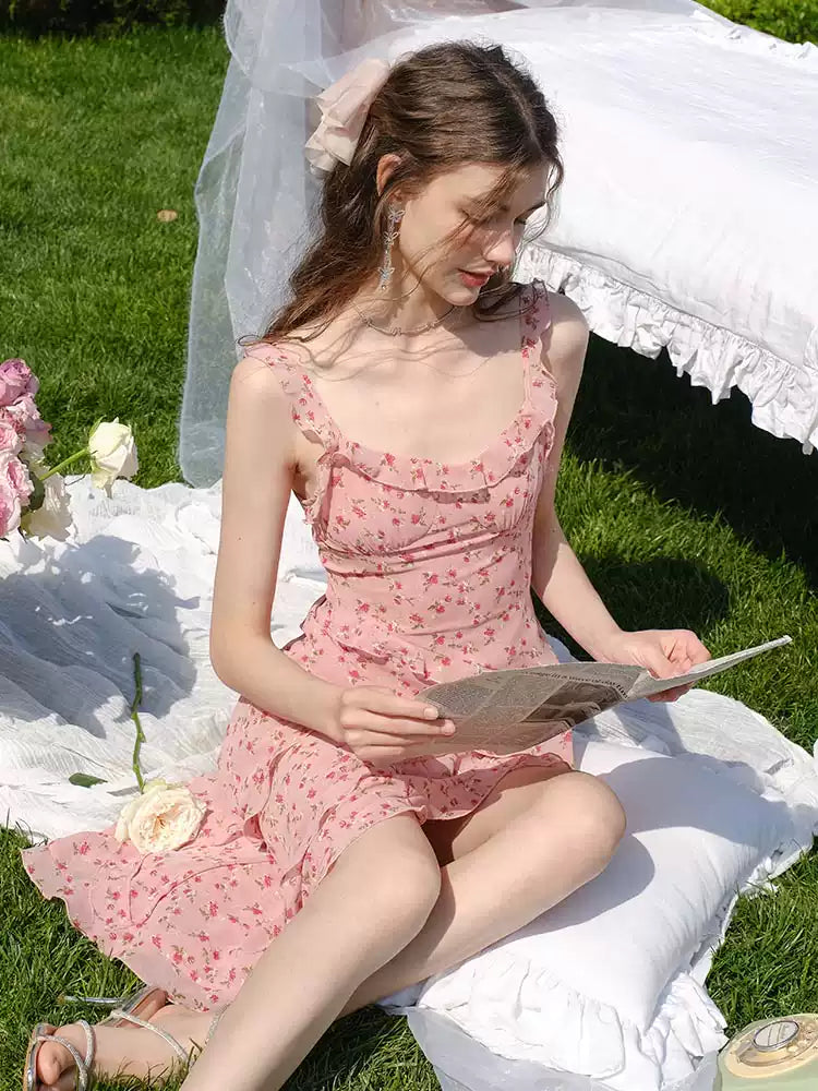Vacation French Pink Floral Dress