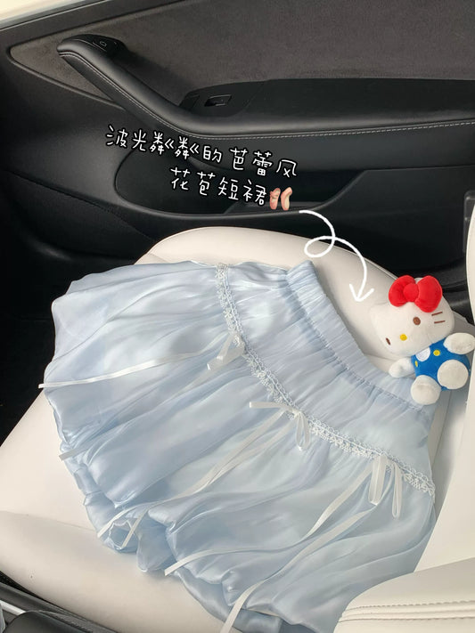 Light Blue Bow Lace Trim Skirt | Balletcore High Waisted A-Line Mini Skirt