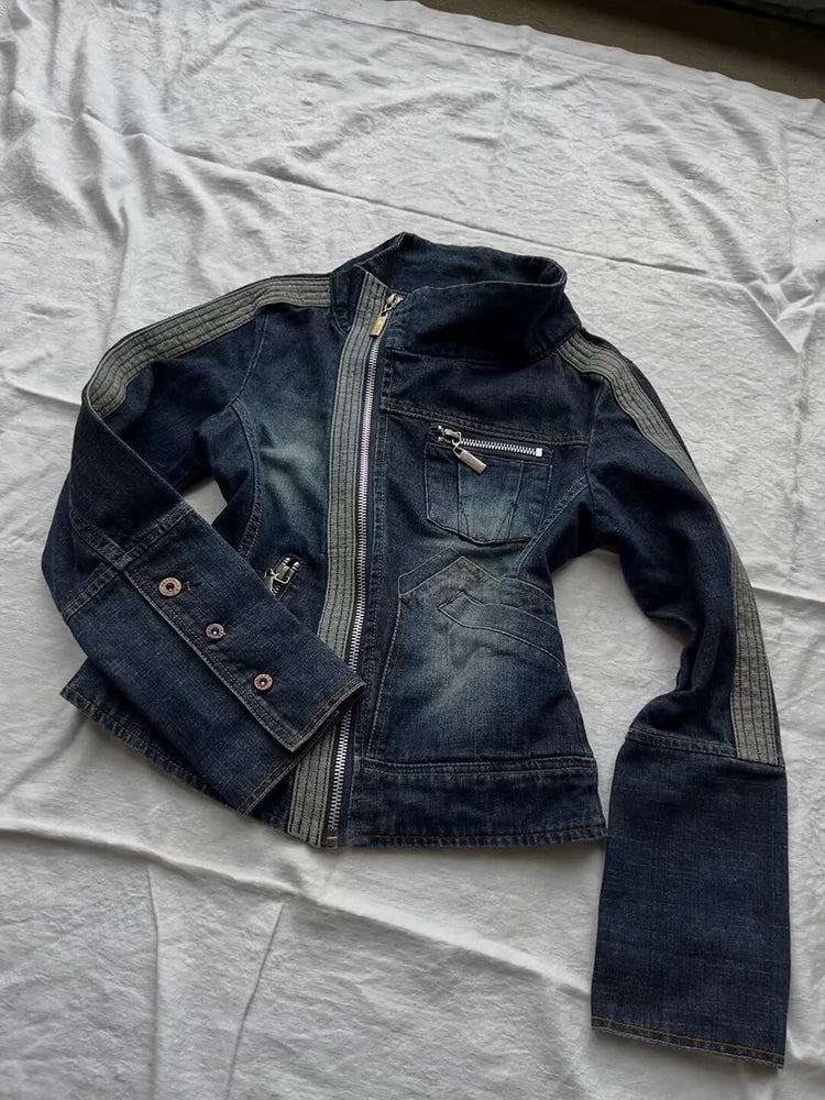 Half Peach Original Vintage Blue Contrast-Panel Zipper Slant-Front Design Denim Jacket with Stand Collar for Autumn Women