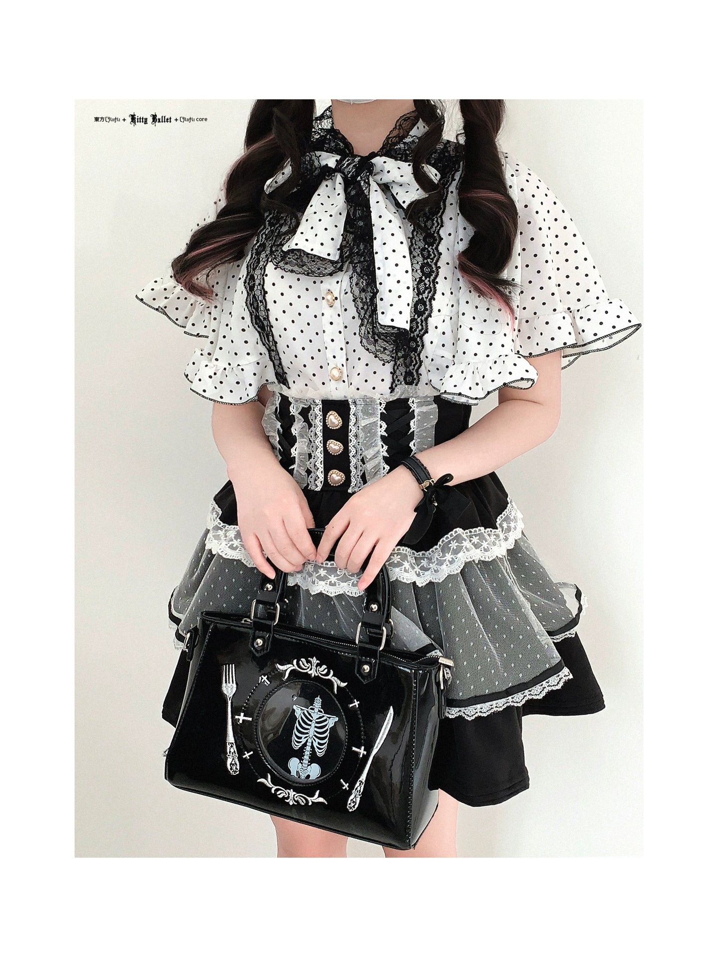KittyBxllet Original [Butterfly Princess / Polka Dot] Ruffled Sleeveless Shawl-Style Chiffon Tie Shirt