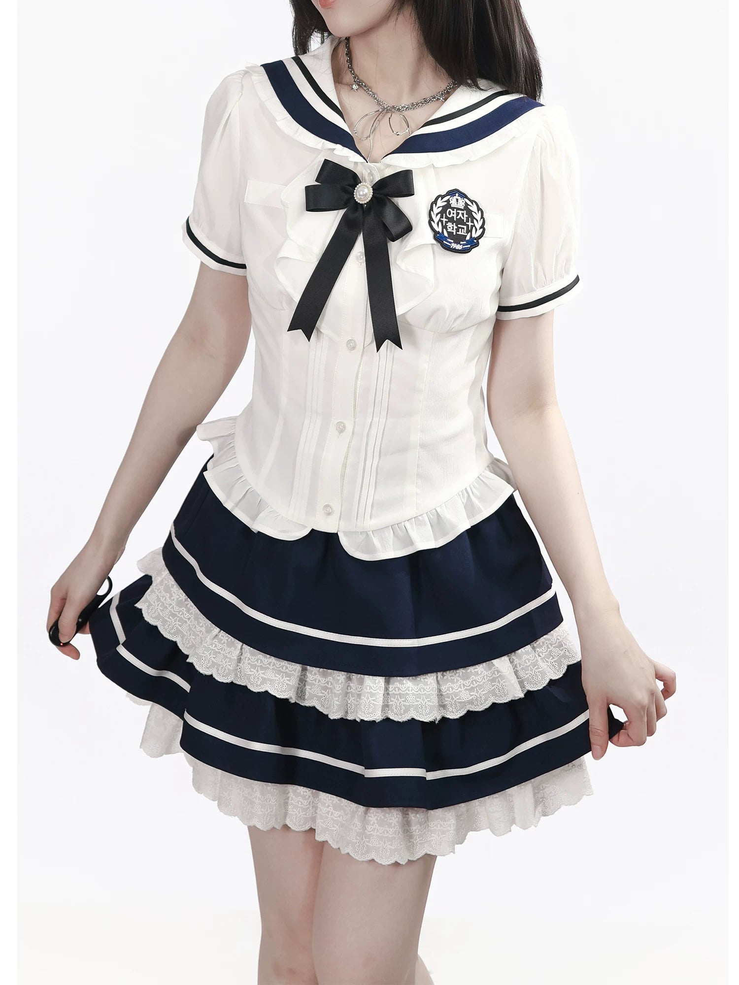 In-Stock & Ready to Ship【Chunxi Women】 Korean-Inspired Academy Waist-Tie Lace Bib Dress in Blue & White with Bow Tie