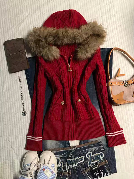 Red hooded fur collar slim sweater