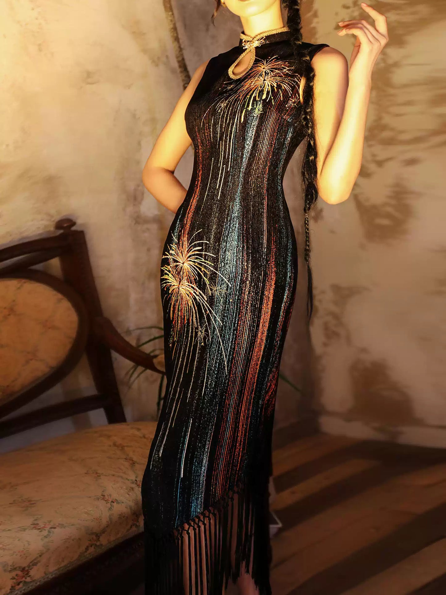 Chenille Embroidery Tassel Cheongsam Dress