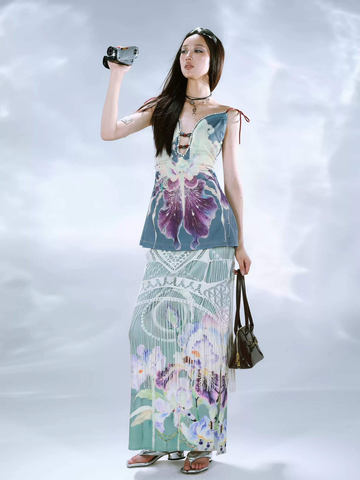 Floral Printed Knitted Vest Beaded Camisole Top