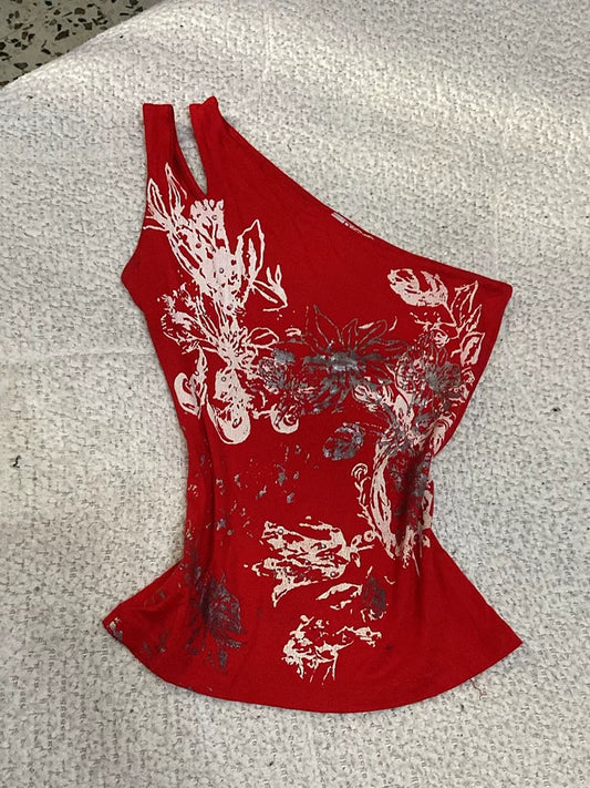 Summer Elegant Design Red Floral Printed Top French-Style Unique Tailored Flattering Off-Shoulder T-Shirt