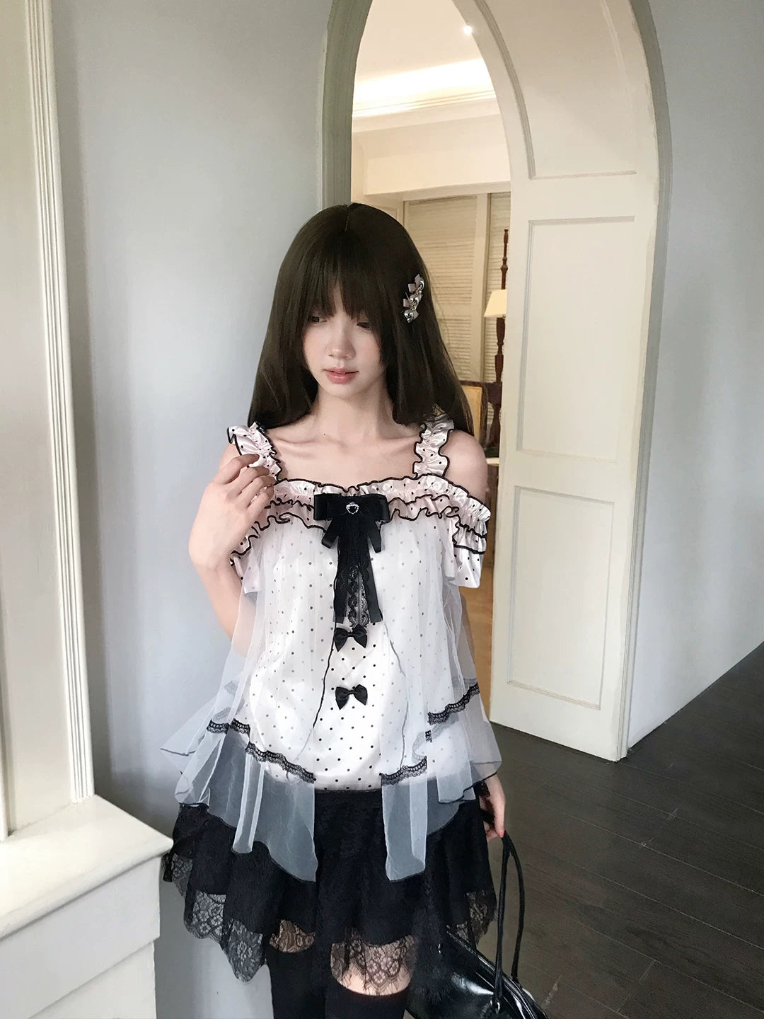 LaLa Sauce Star Lei Polka Dot Tulle Sweetheart Off-Shoulder Top with Bow and Lace Trim Loose Camisole for Girls