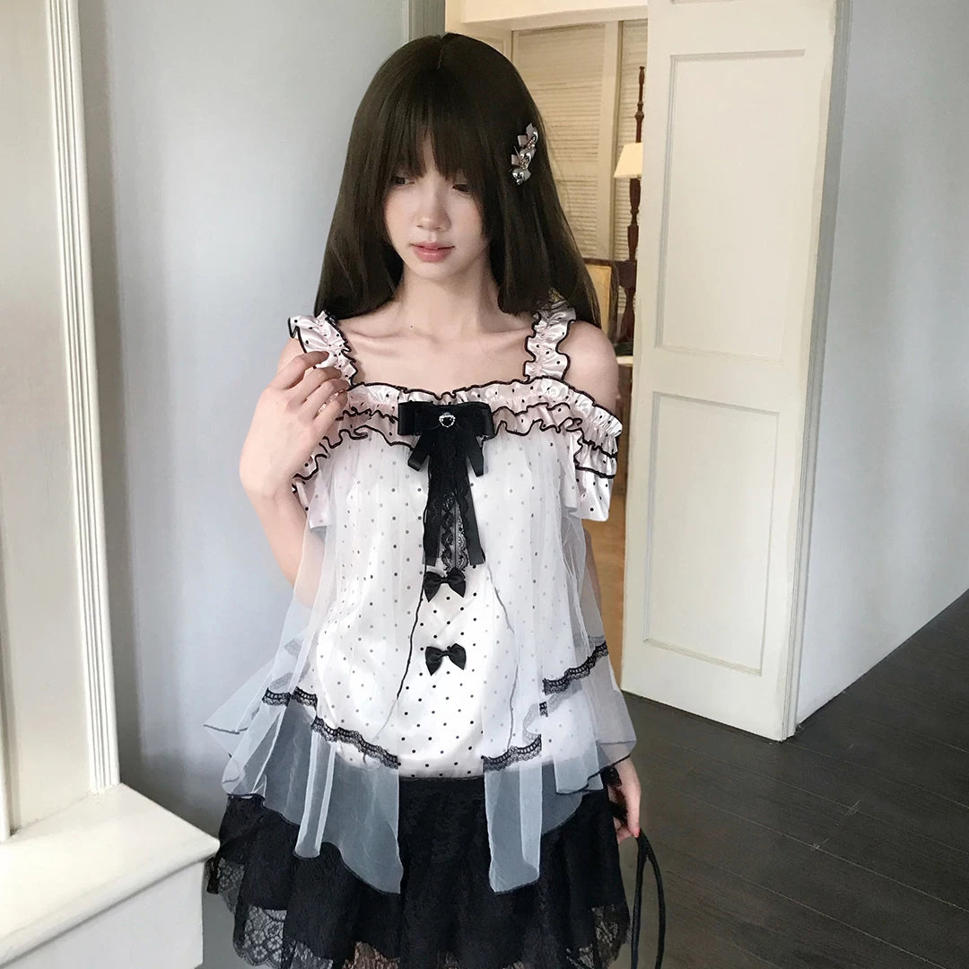 LaLa Sauce Star Lei Polka Dot Tulle Sweetheart Off-Shoulder Top with Bow and Lace Trim Loose Camisole for Girls