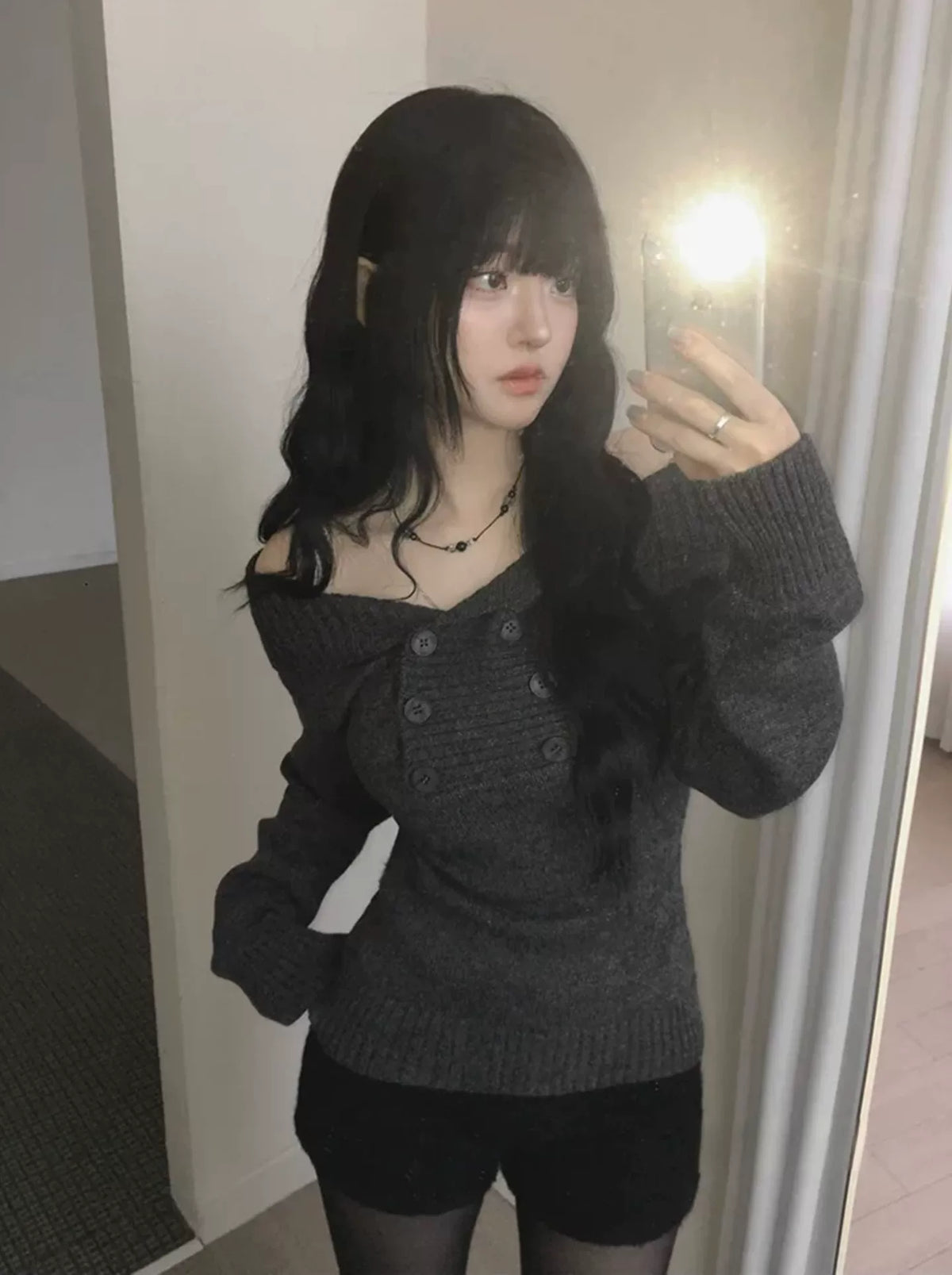Women’s Ribbed Turtleneck Sweater | Korean-Inspired One Shoulder Knit Top with Double Button Detail