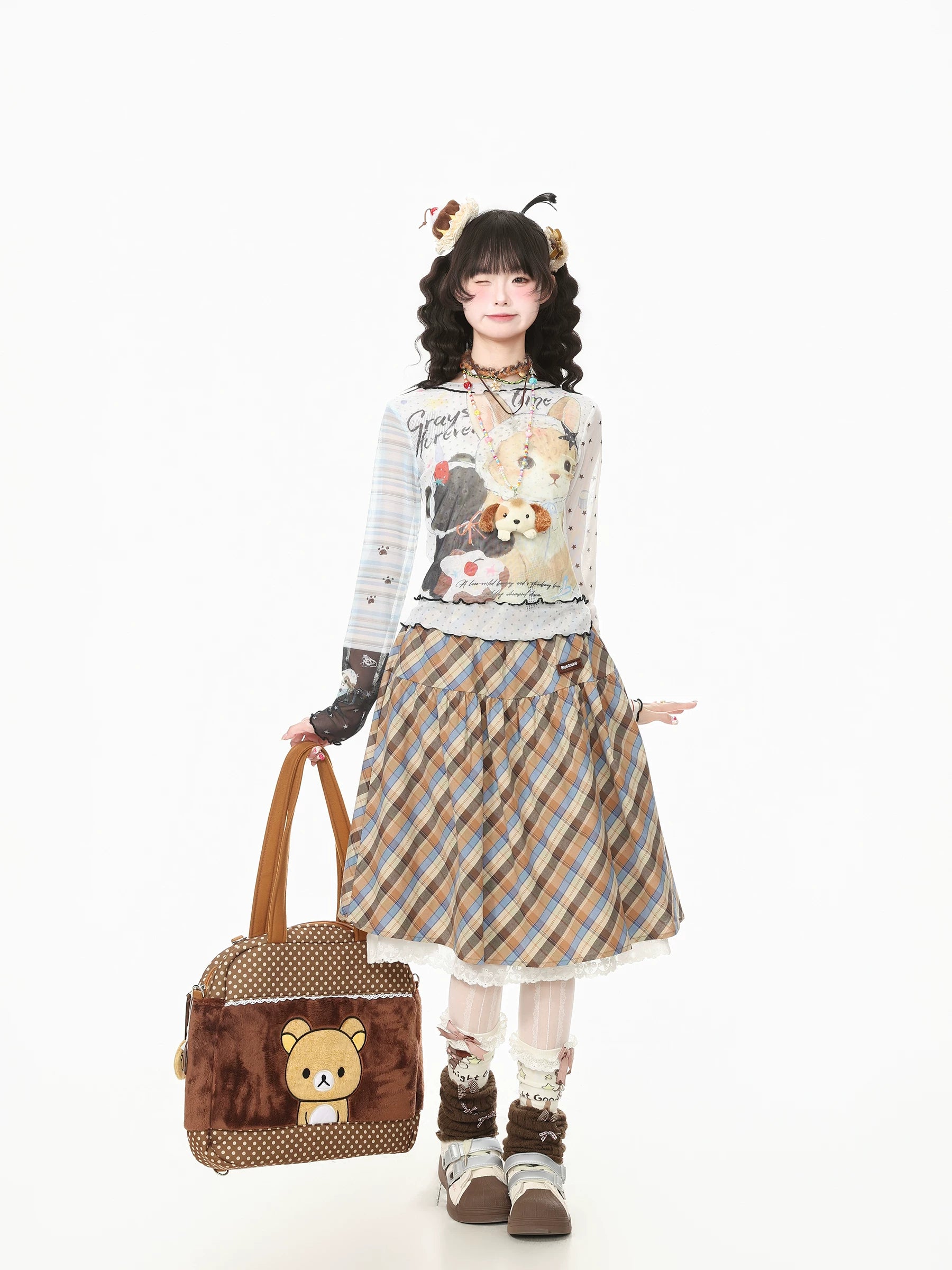 Blue Ghost Park Languid Park Lace-Trim Plaid Homey-Style “宅萌” Midi Skirt for Women, Summer Casual