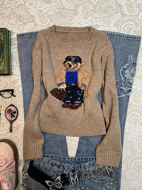Brown Bear Round Neck Sweater
