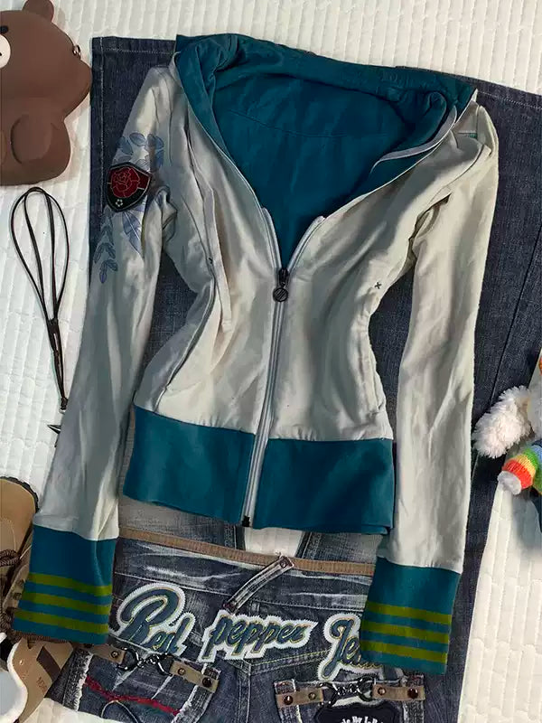 Blue contrasting white hooded sweatshirt jacket