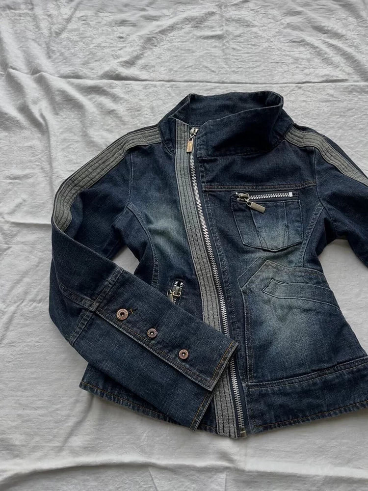 Half Peach Original Vintage Blue Contrast-Panel Zipper Slant-Front Design Denim Jacket with Stand Collar for Autumn Women