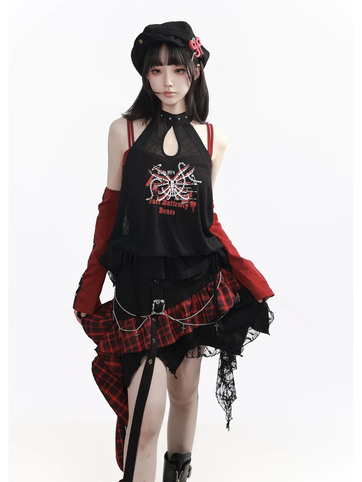 Ready Stock Ships Fast 【Banded Songbird Bone】 Irregular Shawl with Camisole, Summer Cool Styling, Irregular Plaid Skirt Matching