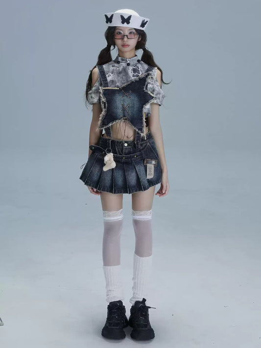 Removable Washed Denim Overalls
