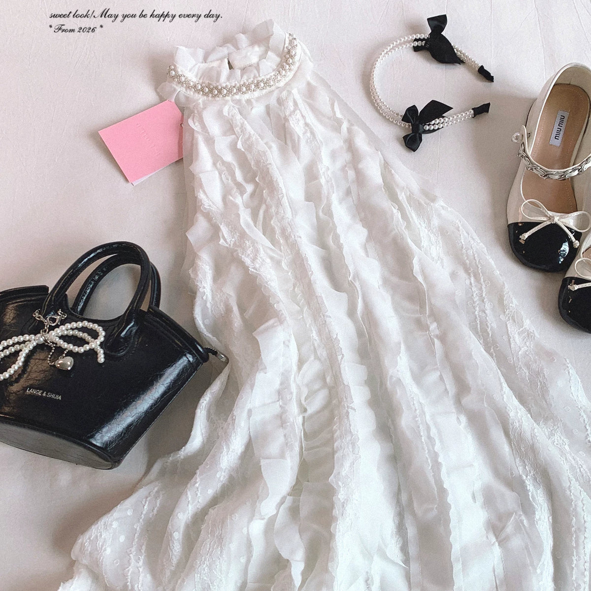 Final-batch yxt* Pearl Lace Stand Collar Contrast Peter Pan Collar Sweet “First Love” Sleeveless Dress