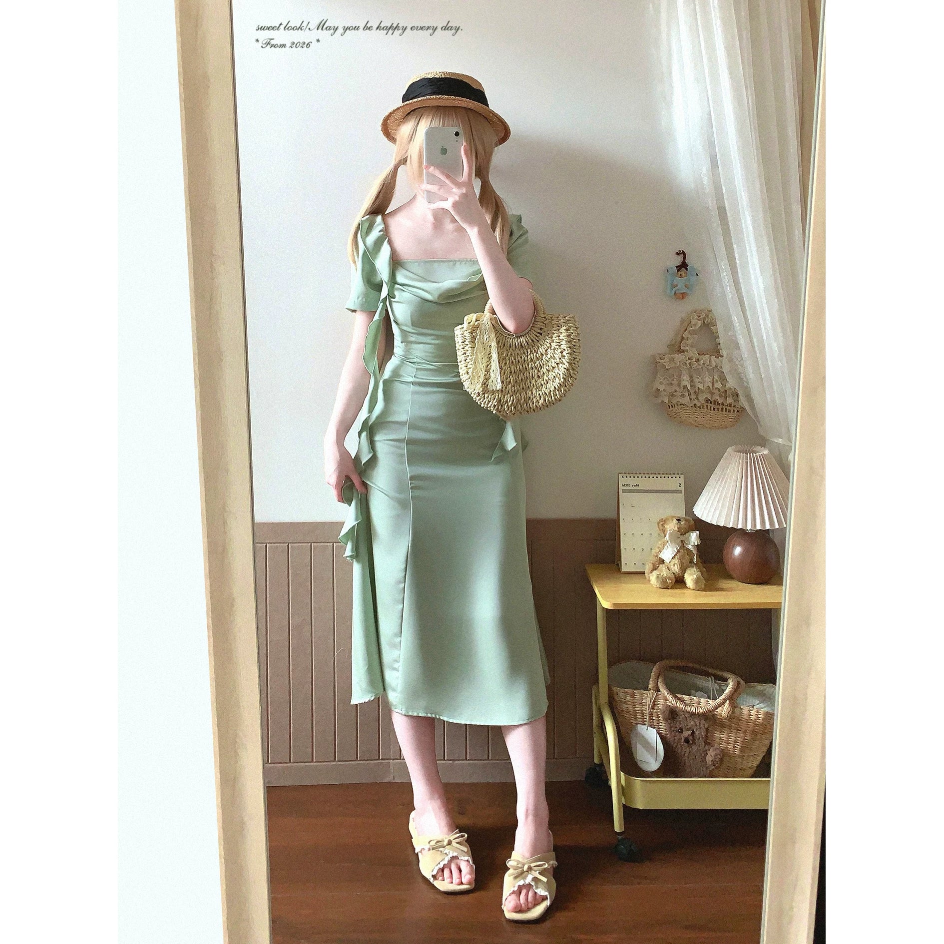 End-of-Season WDD Mint Mambo Elegant Glossy Satin-Feel Contrast-Edge Ruffle Tie-Waist Dress