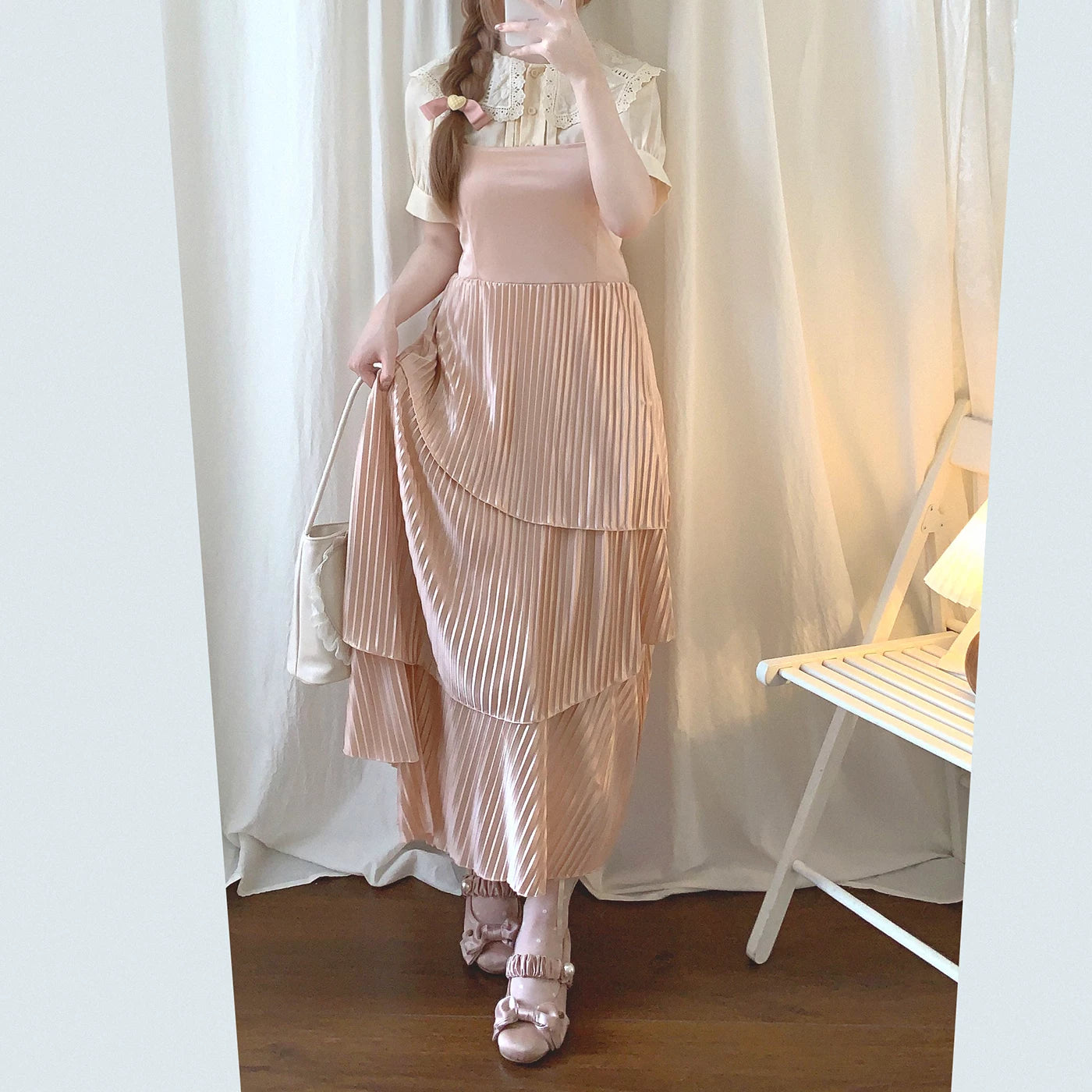 Japanese One Gr* Vintage Elegant Glossy Irregular Pleated Layered Skirt Hem Fishtail Cami Dress