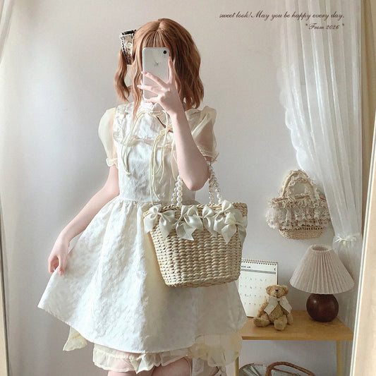 Last-Piece Deal dec* New Chinese-Style Vintage Stand Collar Tassel Button Patchwork Mesh Puff-Sleeve Dress