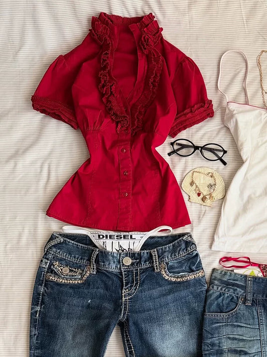 Unique & Beautiful Red Short-Sleeve Shirt—Premium Design, Standout Unique Piece, Not Common—Women’s Top