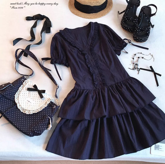 Last-Call Korean Style Navy Blue Cute Layered Ruffle Skirt Puff-Sleeve Cotton Dress
