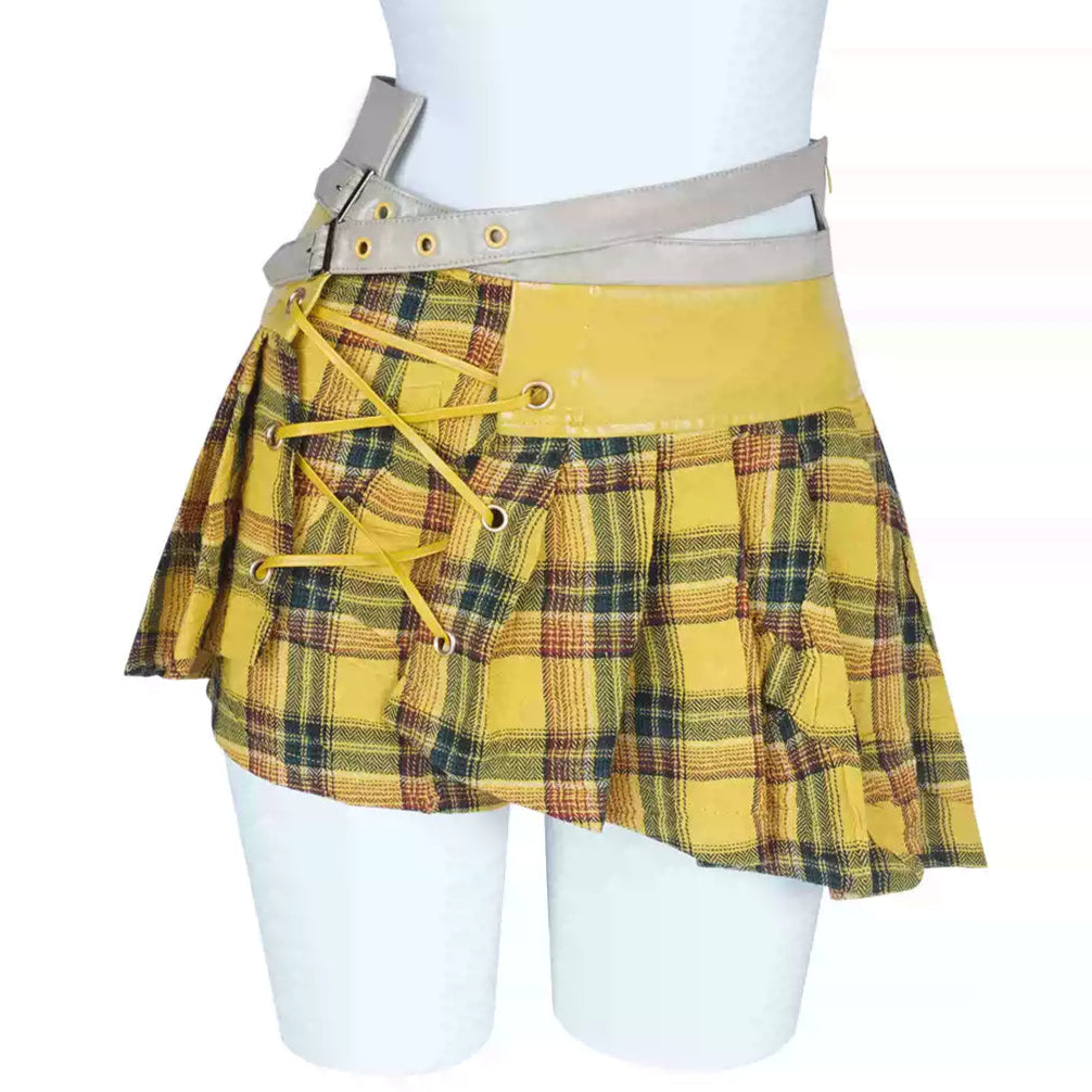 Yellow plaid irregular fine wrinkle skirt