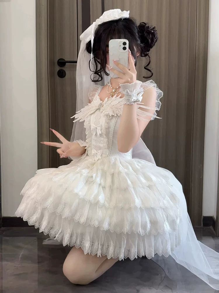 【Little Angel】 Black & White Lolita Dress Ballet Bride Floral JSK Dress Outfit Set – Lolita Wedding Dress