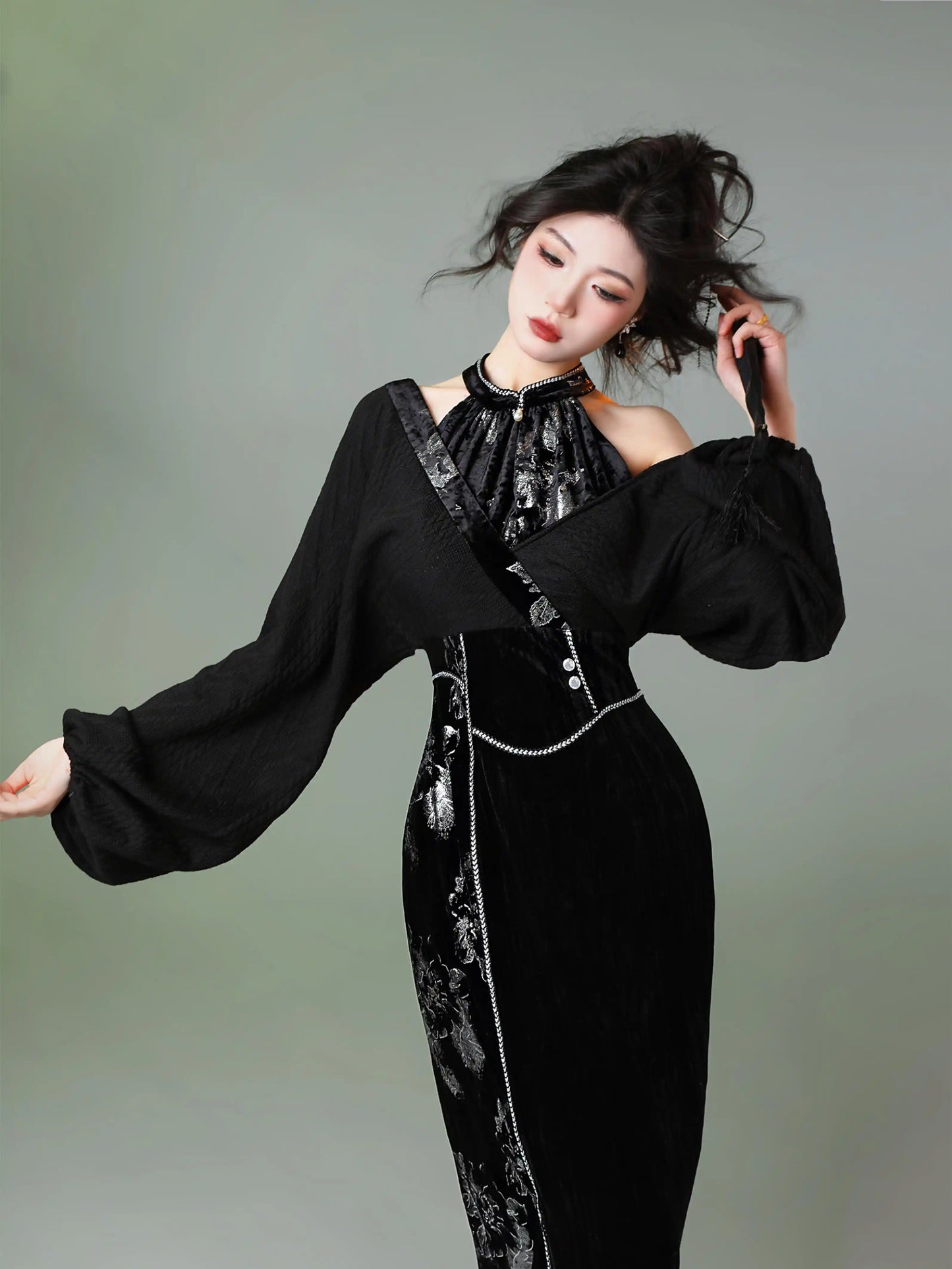 Chinese Style Silver Velvet Cheongsam Dress