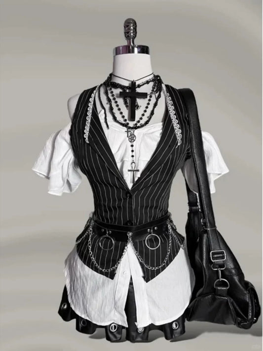 Vintage-Inspired Spring Outfit Set: White Button-Down Shirt with Vest Two-Piece Set for Women