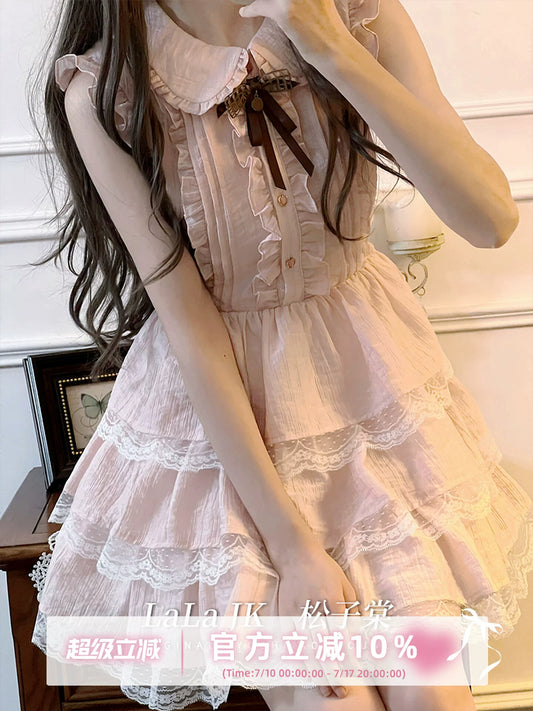 LaLa Sauce Songzitang Pink Doll Collar Dress with Tiny Cap Sleeves, Lace Trim Layered Cake Skirt, Sweet Princess Style for Women
