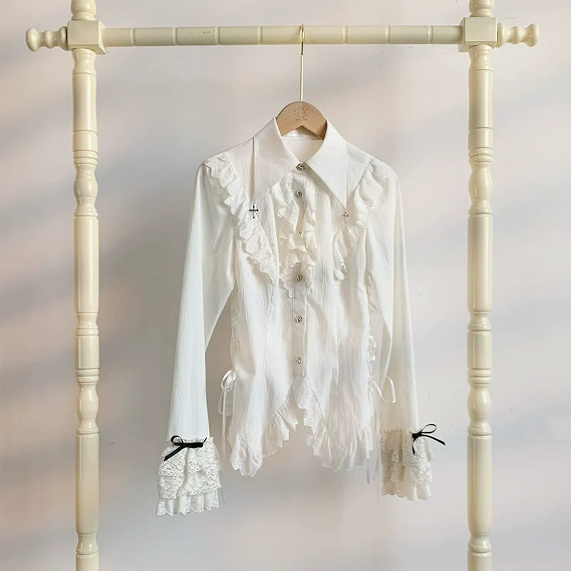 Gothic Lolita Blouse Black White Waist-Tie Shirt