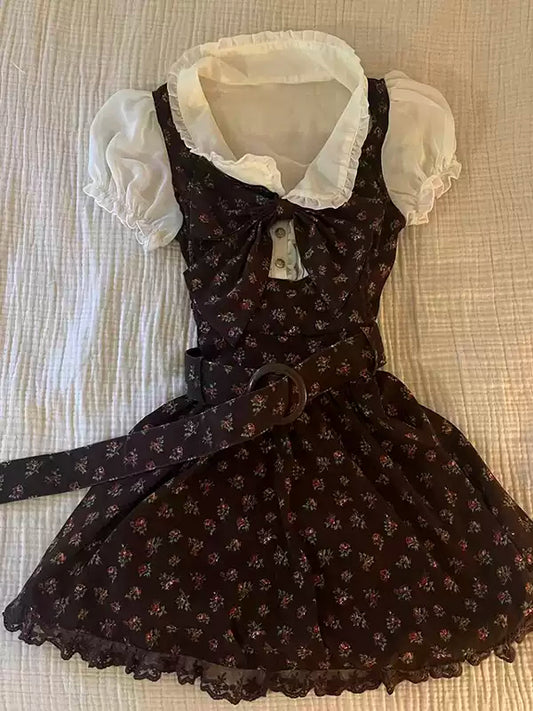 floral fake two-piece shirt dress