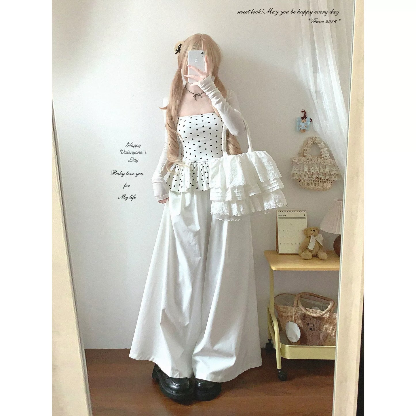 Final-Call Vintage Polka-Dot Sweet & Spicy Girl Style Ruffle-Hem Off-Shoulder Bustier Camisole Two-Piece Set