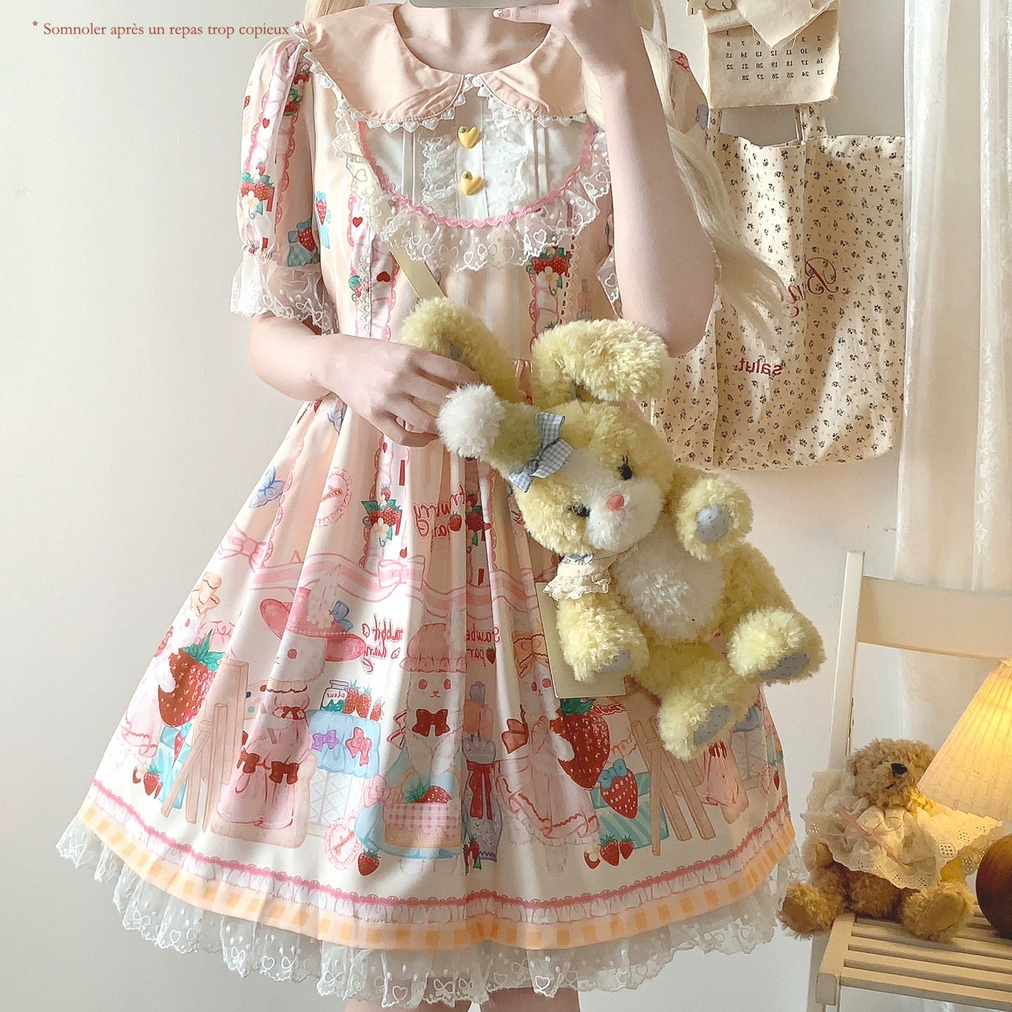 Last-Call HGL Soft Girl Sweet Heart Clasp Doll Collar Contrast Lace Cute Strawberry &amp; Little Bunny Print Dress
