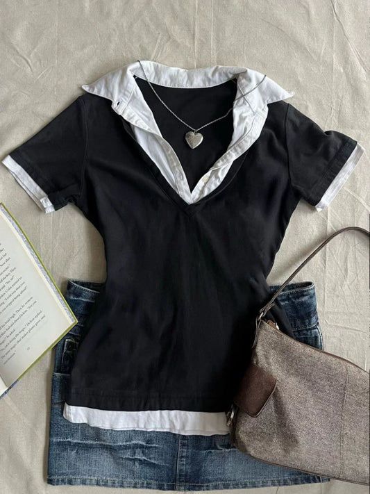 Black-and-White Colorblock Shirt Collar False Two-Piece Short-Sleeve T-Shirt Flattering Shoulders Vintage Top for Summer