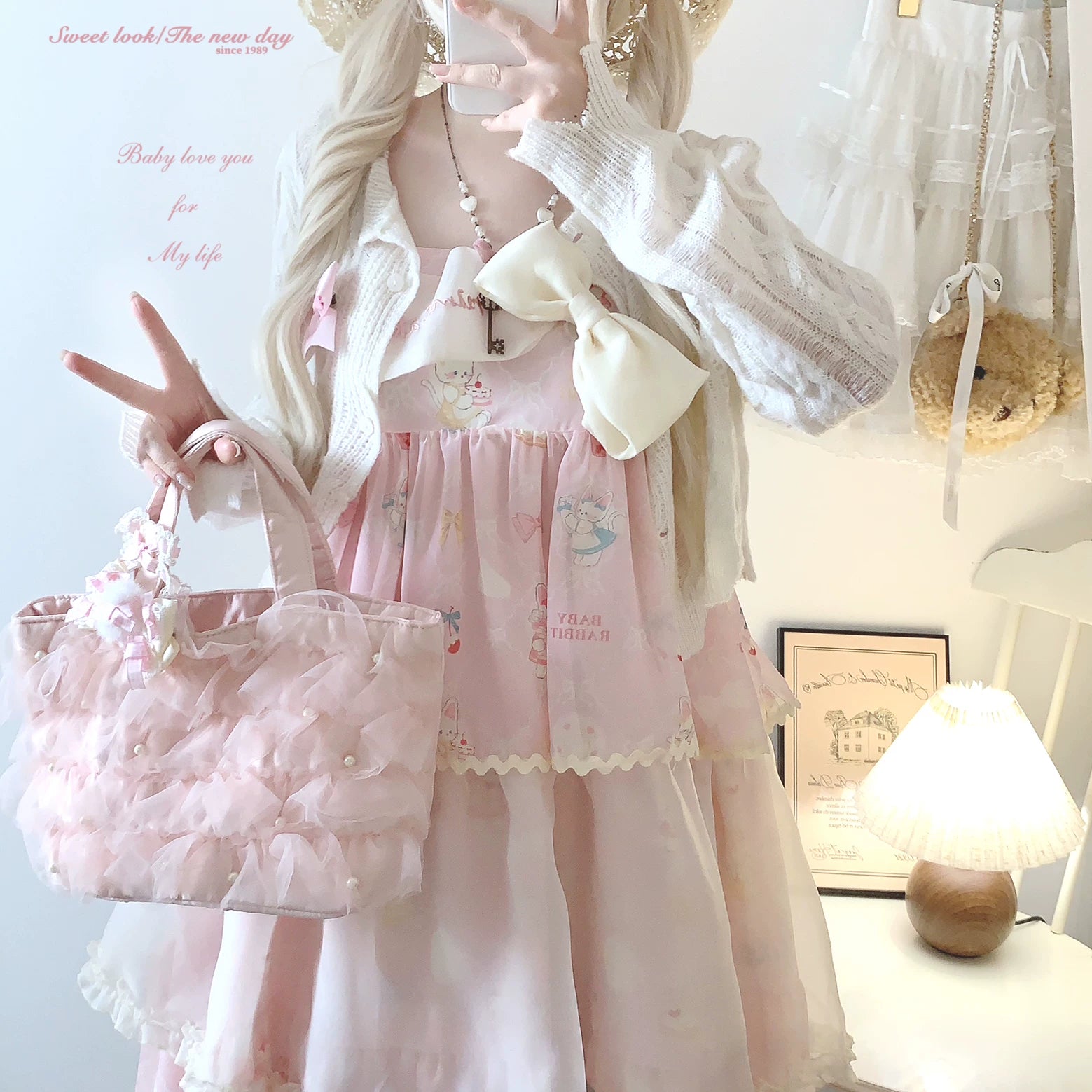 Sleepingdoll Handmade* Cat Milk Cream Satin Dress with Lace-Up Lace-Up Chiffon Bow Embroidery Layered Slip Dress