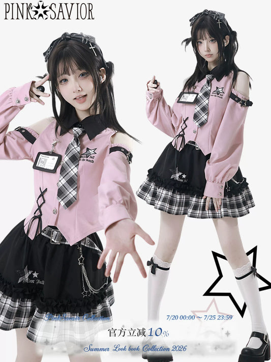 Pink Savior 【Starry Glow】 Off-Shoulder Pink & Black Early-Autumn Shirt and Skirt Set, Designed for a Flattering Look