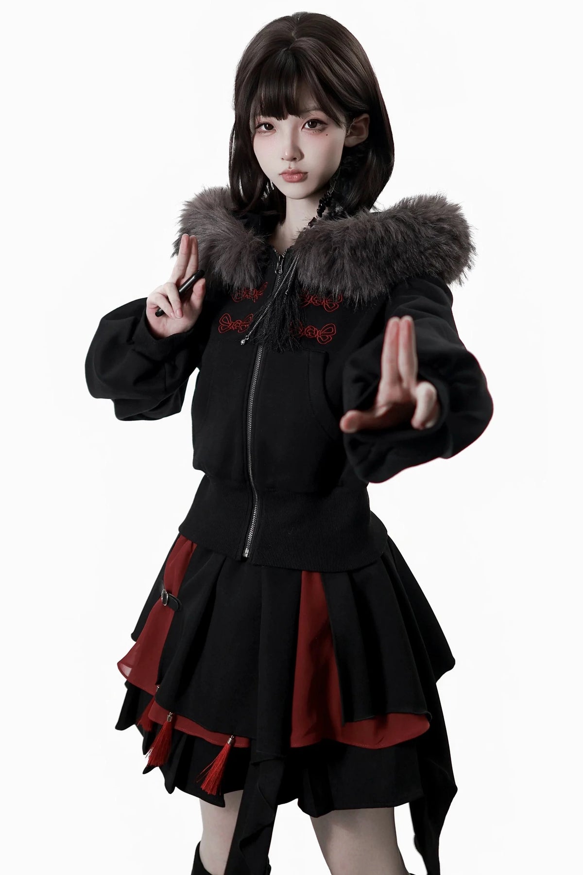 Dark Detachable Fur Jacket + Skirt + Pants