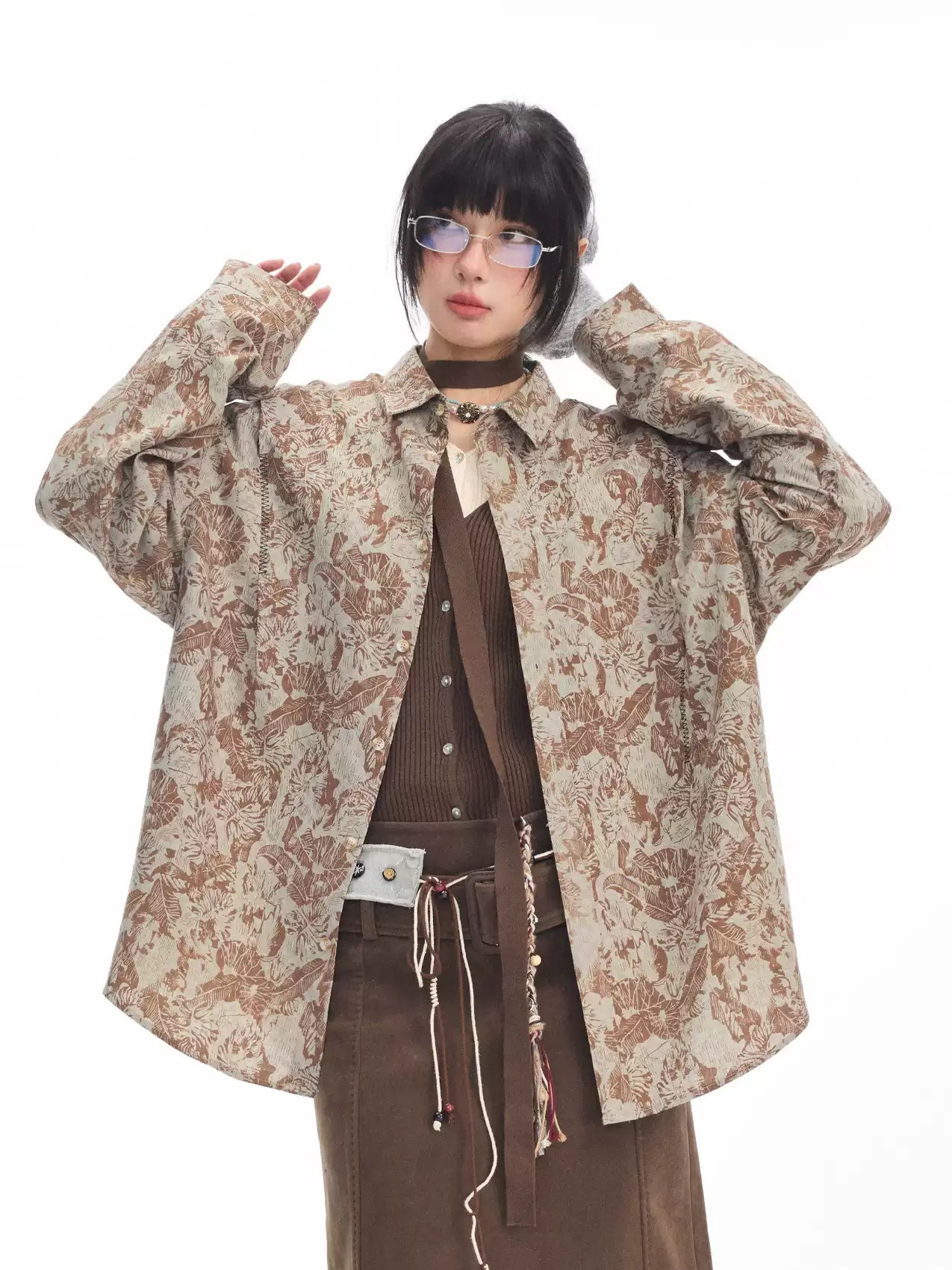 American niche design floral print long-sleeved shirt