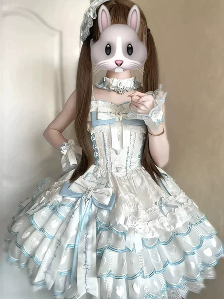 Blue-and-White Ballet Lolita Dress JSK Day Dress for Everyday Wear, Dog Short Train, Bowknot, Sweet Princess Lolita