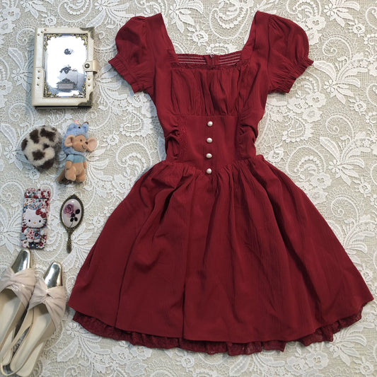Red Sweet & Flattering Corset-Waist Square-Neck Dress for Women, Small-Lot Vintage Party Dress