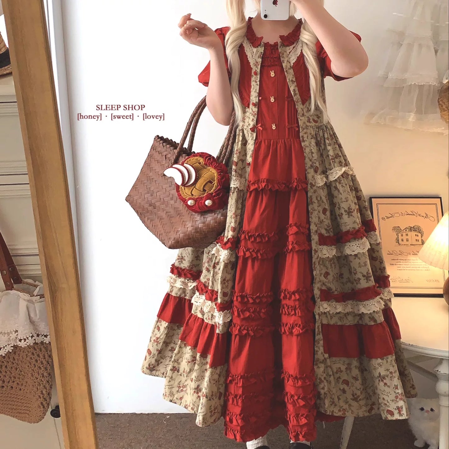 “sleepingdoll Handmade” Printed Fruit Basket Cotton Linen Dress with Long & Short Sleeves, Vintage Elegant