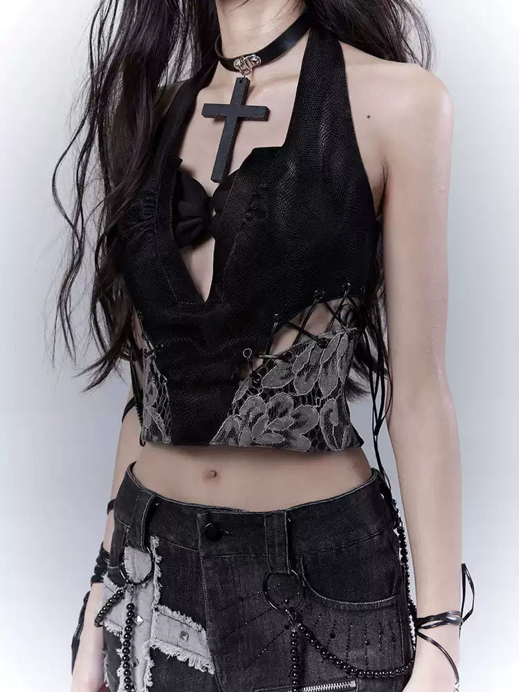 Grunge Lace Stitching Leather Tank Top